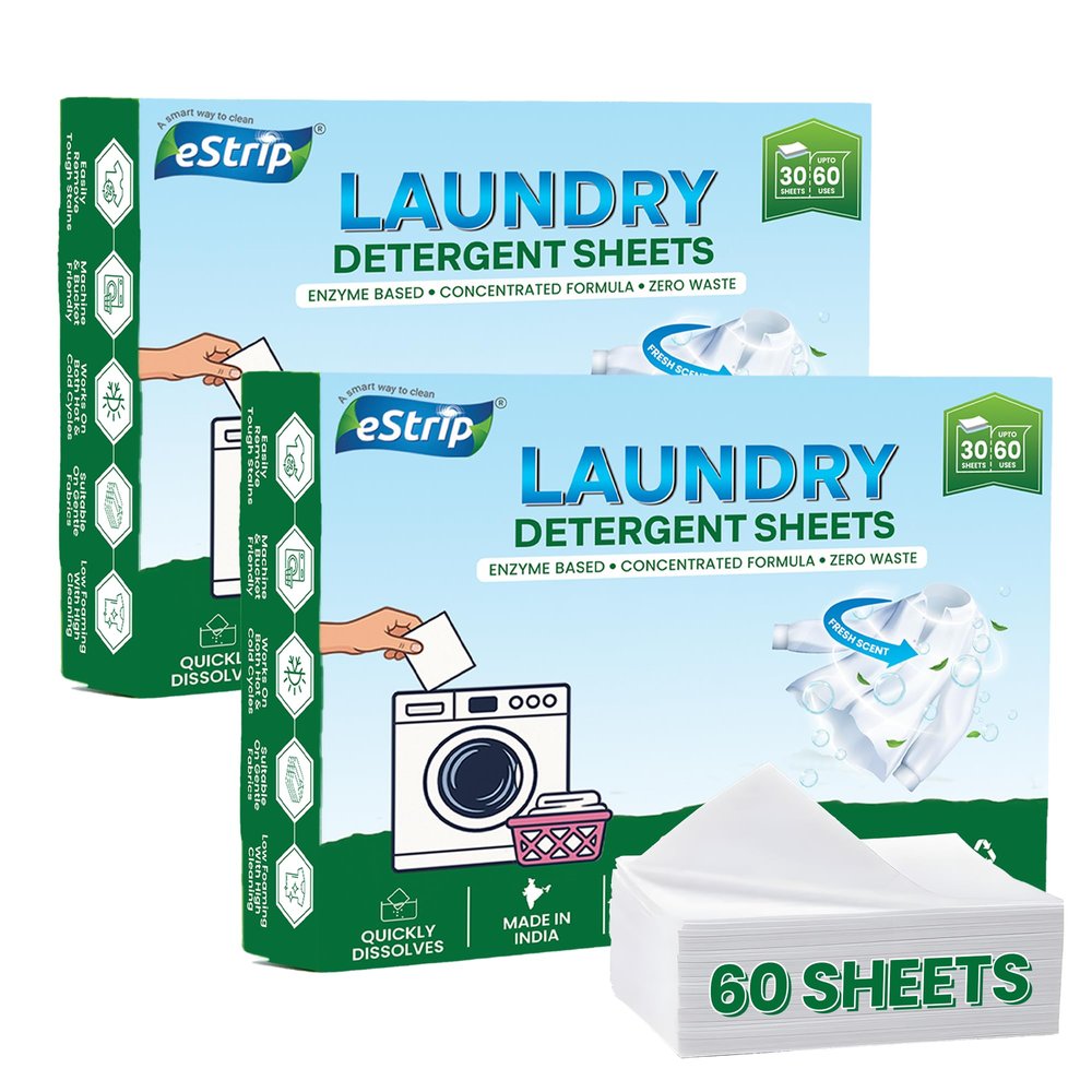 eStrip Laundry Detergent Sheets 60 Sheets for 120 Washes | Plant-Based, Biodegradable & Eco-Friendly | Enzyme Based Formula | 1 Sheet = 2 Washes | Removes Tough Stains | Easy, Mess-Free Cleaning