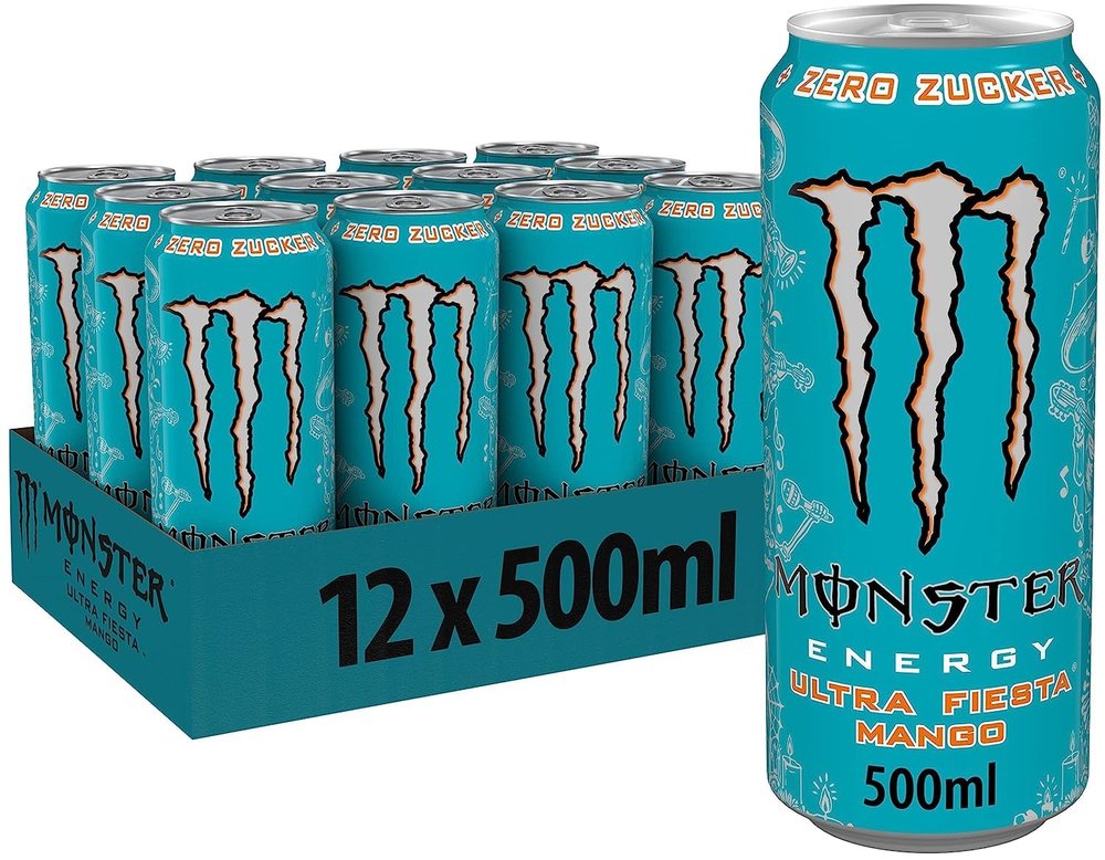 Monster Energy Ultra Fiesta Mango Carbonated Energy Drink | L-Carnitine + Taurine + Zero Sugar, 16.91 fl oz  500 ml, 12 Pack