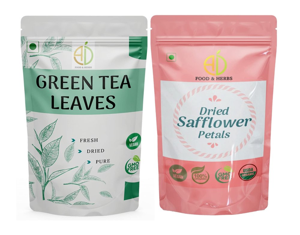 A D Food & Herbs Combo of Green Tea Leaves & Safflower Dried Flowers - All Natural Flavour, Zero Calories (500 Gms x pack of 2)