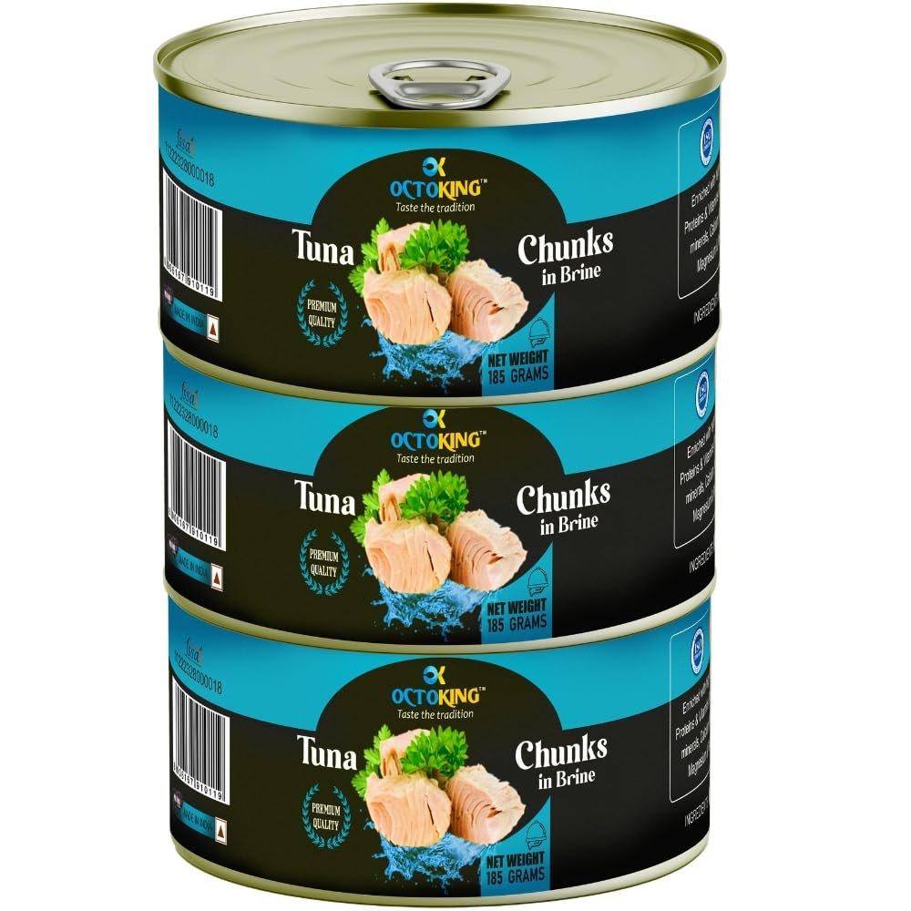 Octoking Tuna Chunks in Brine Salt Water Added 185g (Pack of 3)