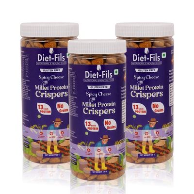 Diet-Fils Millet Protein Crispers Spicy Cheese | No Onion No Garlic | Millet Based | No Grain | Made with Ragi,Browntop Millet,Jowar,Foxtail and Pea Protein | Roasted | Gluten Free | 130 gm x 3