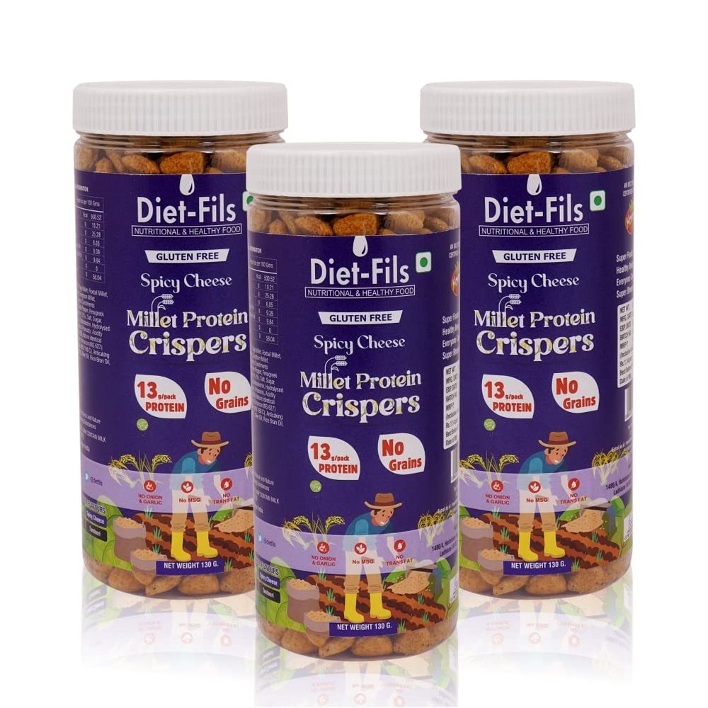 Diet-Fils Millet Protein Crispers Spicy Cheese | No Onion No Garlic | Millet Based | No Grain | Made with Ragi,Browntop Millet,Jowar,Foxtail and Pea Protein | Roasted | Gluten Free | 130 gm x 3