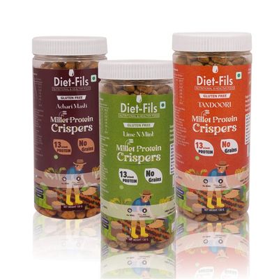 Diet-Fils Millet Protein Crispers|Lime N Mint|Achari|Tandoori| Millet Based|No Grain|Made with Ragi,Browntop Millet,Jowar,Foxtail Millet & Pea Protein| Roasted Not Fried|Gluten Free|130 gm x 3