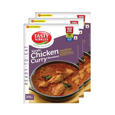 Tasty Nibbles Ready to Eat Kerala Chicken Curry (Boneless) 200g [Pack of 3] | Open Heat & Eat | No Food Additives Added | Japanese Retort Technology