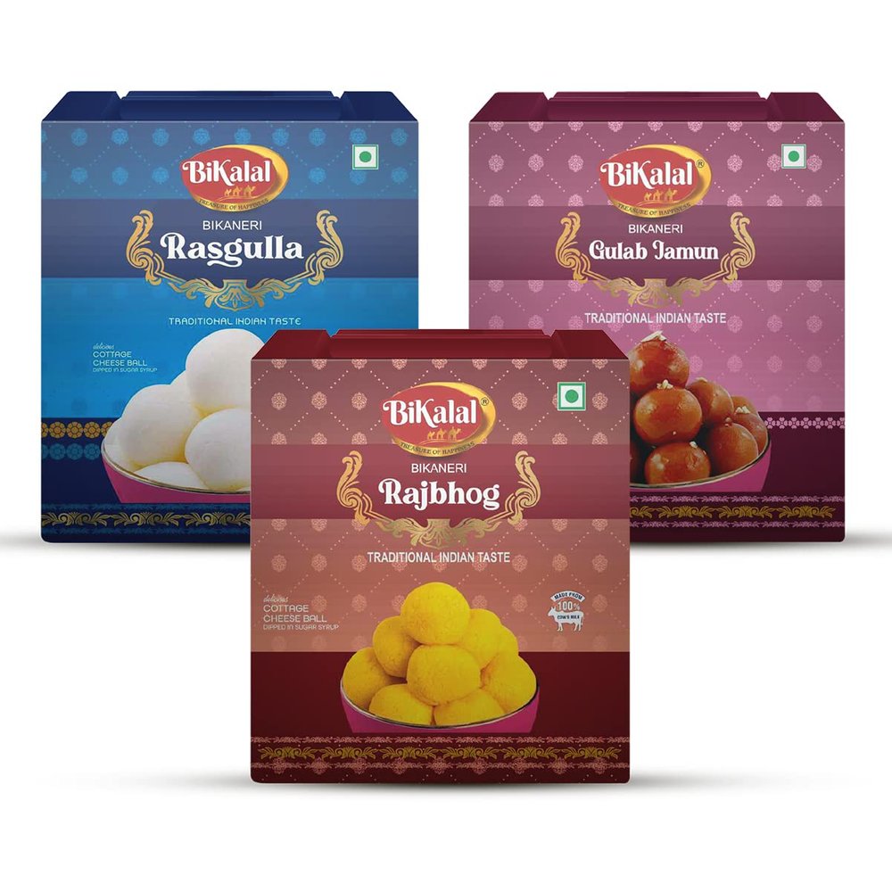 Bikalal | 3Kg | Combo Pack of Rasgulla - 1kg, Rajbhog - 1kg, and Gulab Jamun - 1kg | Authentic Indian Sweets | No Preservatives | Vegetarian
