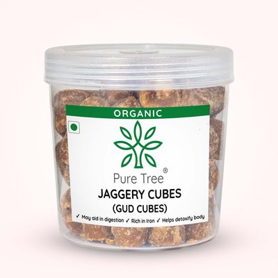 Pure Tree Certified Organic Jaggery Cubes Small | 800 g | Jar | Sugarcane Gur Cubes | Desi Gud Jaggery Cubes