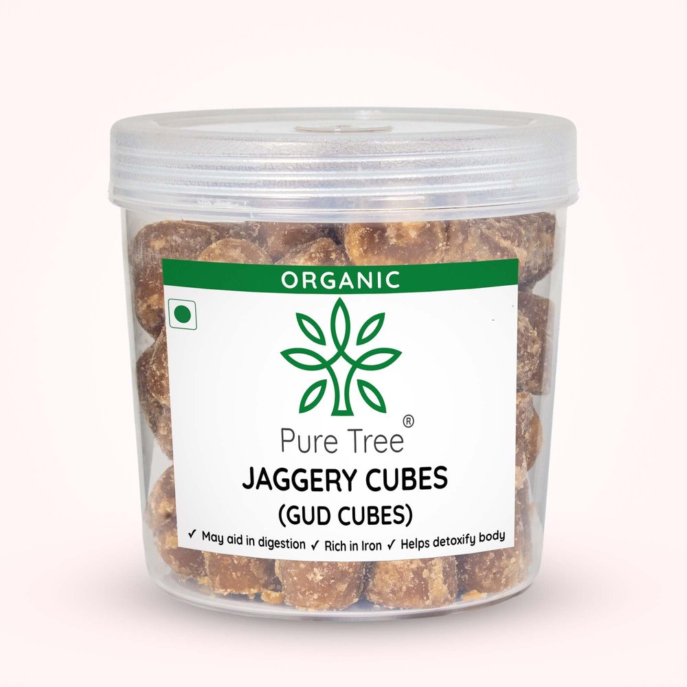 Pure Tree Certified Organic Jaggery Cubes Small | 800 g | Jar | Sugarcane Gur Cubes | Desi Gud Jaggery Cubes