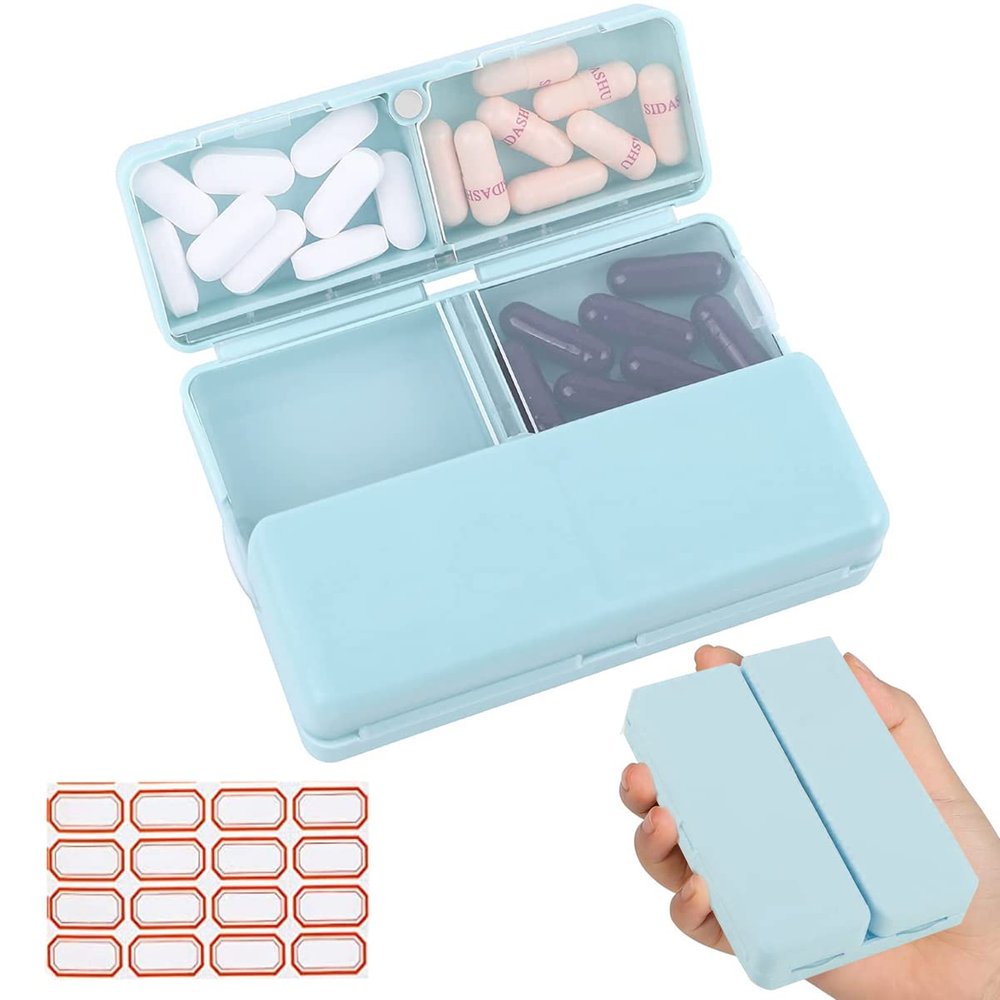 HANNEA Daily Pill Organizer, 7 Compartments Portable Pill Case Travel Pill Organizer, Folding Design Pill Box for Purse Pocket to Hold Vitamins,Cod Liver Oil,Supplements and Medication, Blue