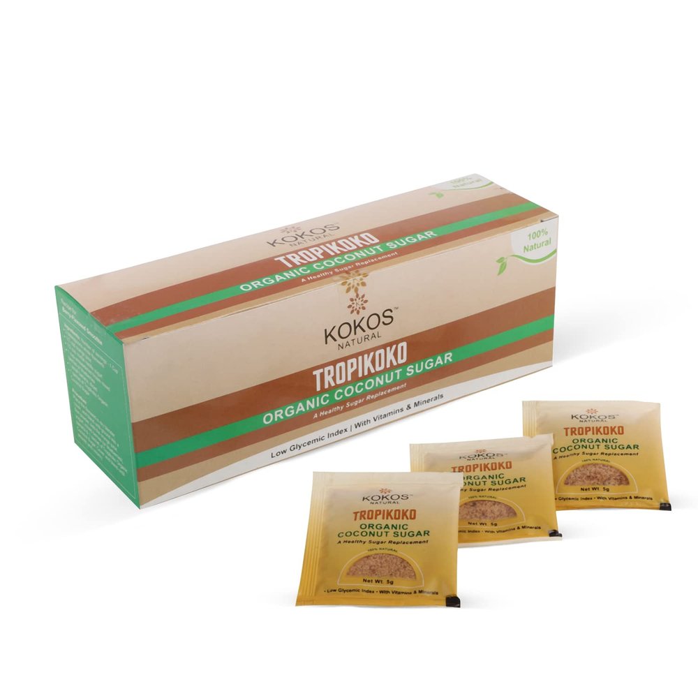 KoKos Natural Organic Coconut Sugar Sachets - 25 x 5 Gm Sachets, Low Glycemic Index Sugar Replacement with Minerals and Vitamins, Ideal for Baby Foods, Baking, and Diabetic Diets. Pack of 2