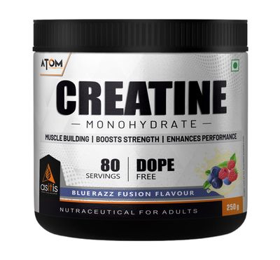 AS-IT-IS ATOM Creatine Monohydrate 250g - 80 Servings | Dope Free | Enhances Performance | Promotes Muscle Gains | Blue Razz Flavour