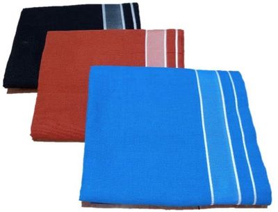 Men's Pure Cotton Lungi (2 Meters) Casual Daily Ware Black || Kavi || Blue Color Dhoti Free Size Big White Border Boarder (Combo Pack 3)