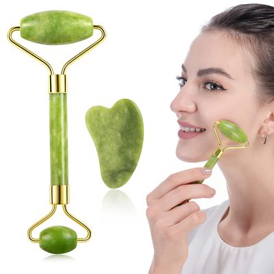 4beauty Therapy Jade Roller and Gua Sha Set for Beautiful Skin Detox - Facial Body Eyes Neck Massager Tool Reduce Wrinkles Aging - Original Natural Jade Stone