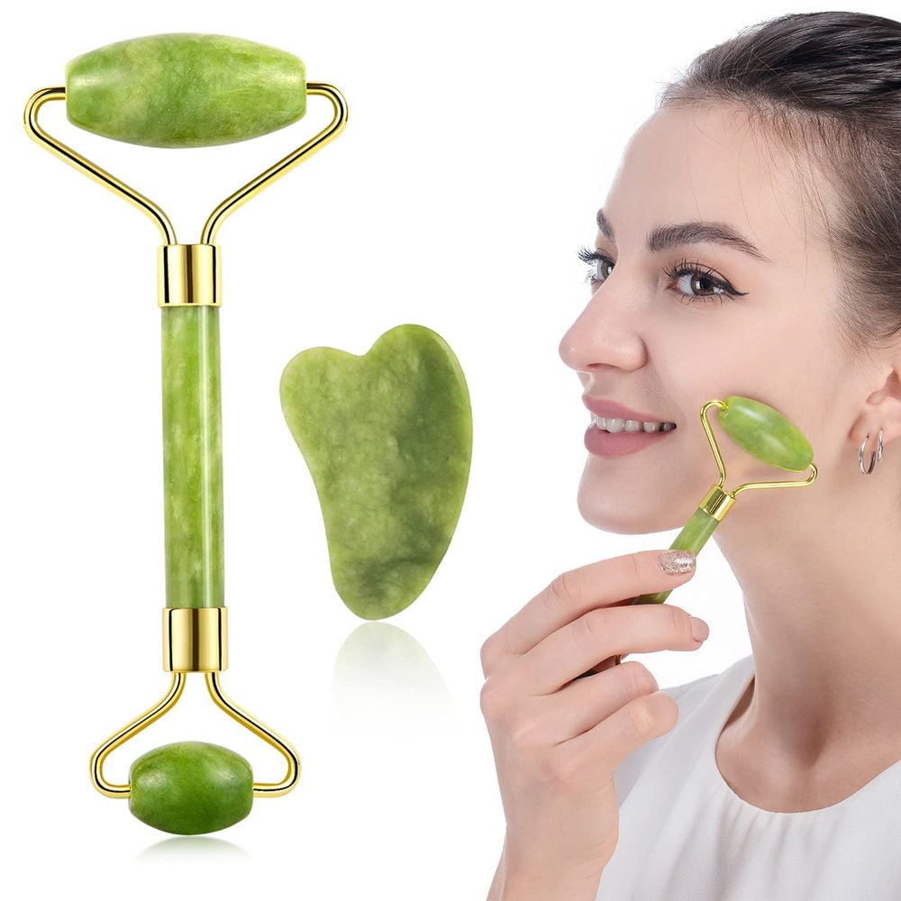 4beauty Therapy Jade Roller and Gua Sha Set for Beautiful Skin Detox - Facial Body Eyes Neck Massager Tool Reduce Wrinkles Aging - Original Natural Jade Stone