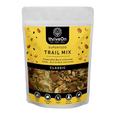 ThriveOn Classic Trail Mix (500gm) - Roasted Nuts (Almonds, Cashew, Walnut) | Roasted Seeds (Pumpkin Seeds, Sunflower Seeds, Watermelon Seeds, Flax Seeds, Sesame Seeds) & Dark Chocolate