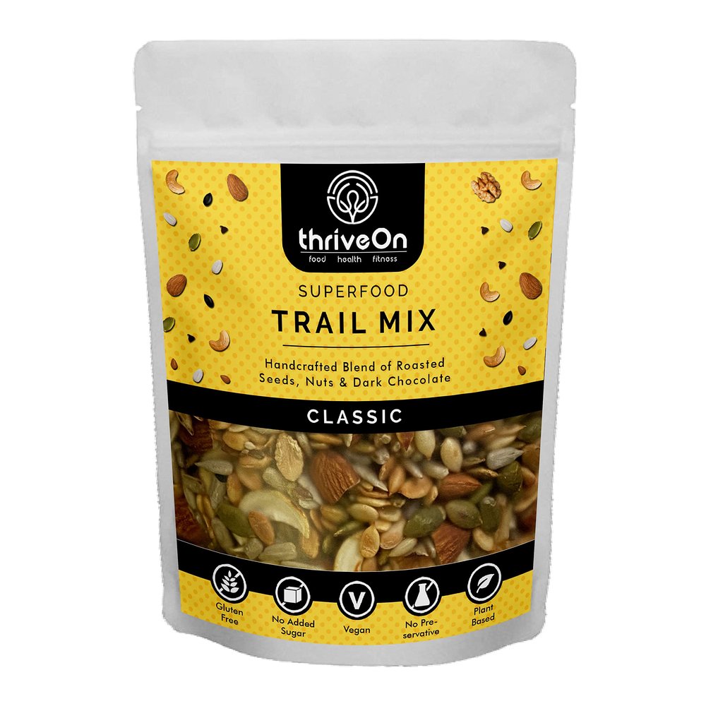 ThriveOn Classic Trail Mix (500gm) - Roasted Nuts (Almonds, Cashew, Walnut) | Roasted Seeds (Pumpkin Seeds, Sunflower Seeds, Watermelon Seeds, Flax Seeds, Sesame Seeds) & Dark Chocolate