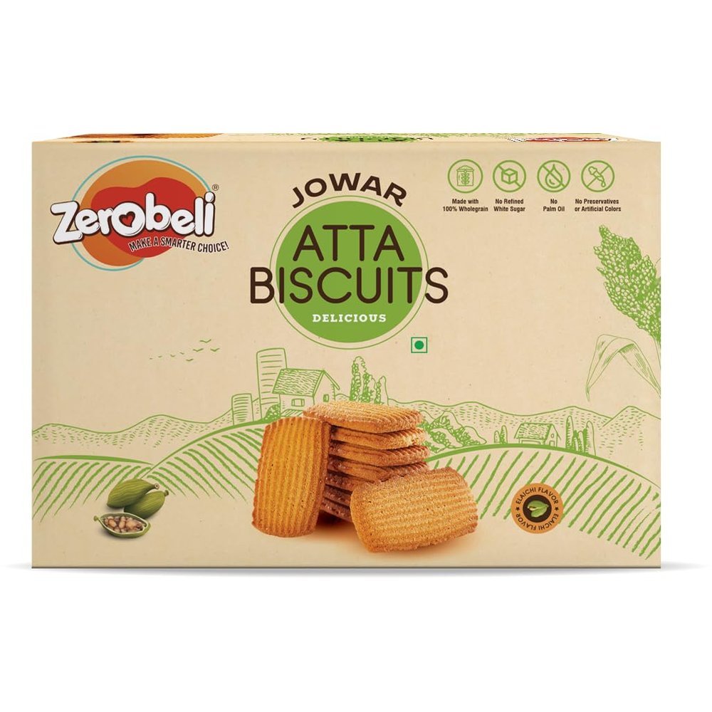 Zerobeli Premium Jowar Atta Digestive Biscuits with Elaichi - 375g | Healthy, Nutritious, and Delicious Cookies | Best Tea Time Snacks | 100% Vegetarian | No Refined Sugar, Palm Oil, Preservatives, or Colors
