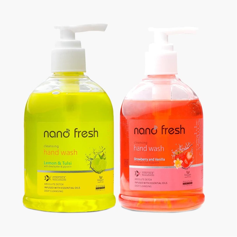 Nano Fresh Lemon & tulsi + Strawberry & vanilla Cleansing Hand Wash 300ml * 2 | Shea Butter and Glycerin | Kills 99.9% Harmful Germs | Antibacterial Formula