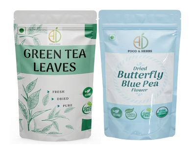 A D Food & Herbs Combo of Green Tea Leaves & Butterfly Pea Dried Flowers - All Natural Flavour, Zero Calories (1000 GMS (1 kg) x Pack of 1)