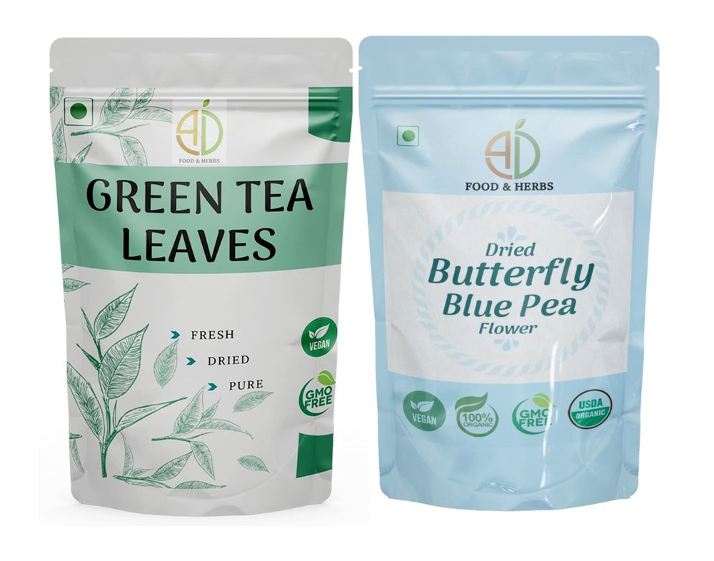 A D Food & Herbs Combo of Green Tea Leaves & Butterfly Pea Dried Flowers - All Natural Flavour, Zero Calories (1000 GMS (1 kg) x Pack of 1)