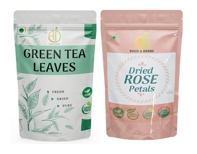 A D Food & Herbs Combo of Green Tea Leaves & Rose Dried Flowers - All Natural Flavour, Zero Calories (500 GMS x Pack of 2)