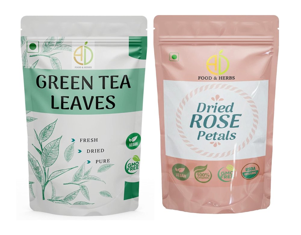 A D Food & Herbs Combo of Green Tea Leaves & Rose Dried Flowers - All Natural Flavour, Zero Calories (500 GMS x Pack of 2)