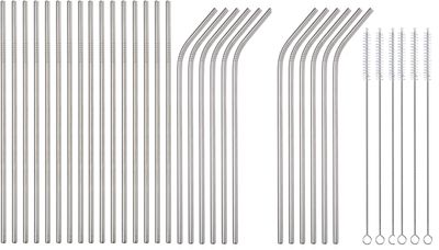 Metal Straws Stainless Steel Straws Reusable Drinking Straws with Cleaning Brush - 10.5" Ultra Long (12 Straight + 12 Bent Straws)