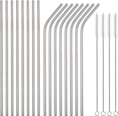 Metal Straws Stainless Steel Straws Reusable Drinking Straws with Cleaning Brush - 10.5" Ultra Long (8 Straight + 8 Bent Straws)