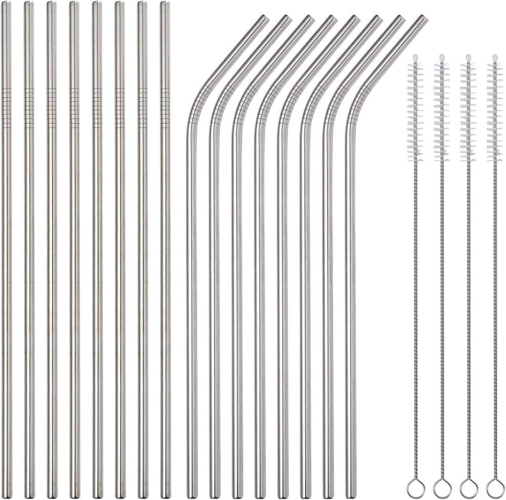 Metal Straws Stainless Steel Straws Reusable Drinking Straws with Cleaning Brush - 10.5" Ultra Long (8 Straight + 8 Bent Straws)