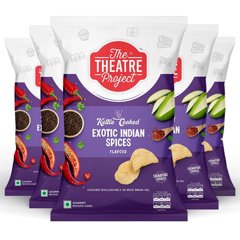The Theatre Project Kettle Cooked Potato Chips - Exotic Indian Spices Flavour, Crispy, Bold & Gluten-Free, No Artificial Flavors or Preservatives - Combo Pack of 5 Pouches (410g)