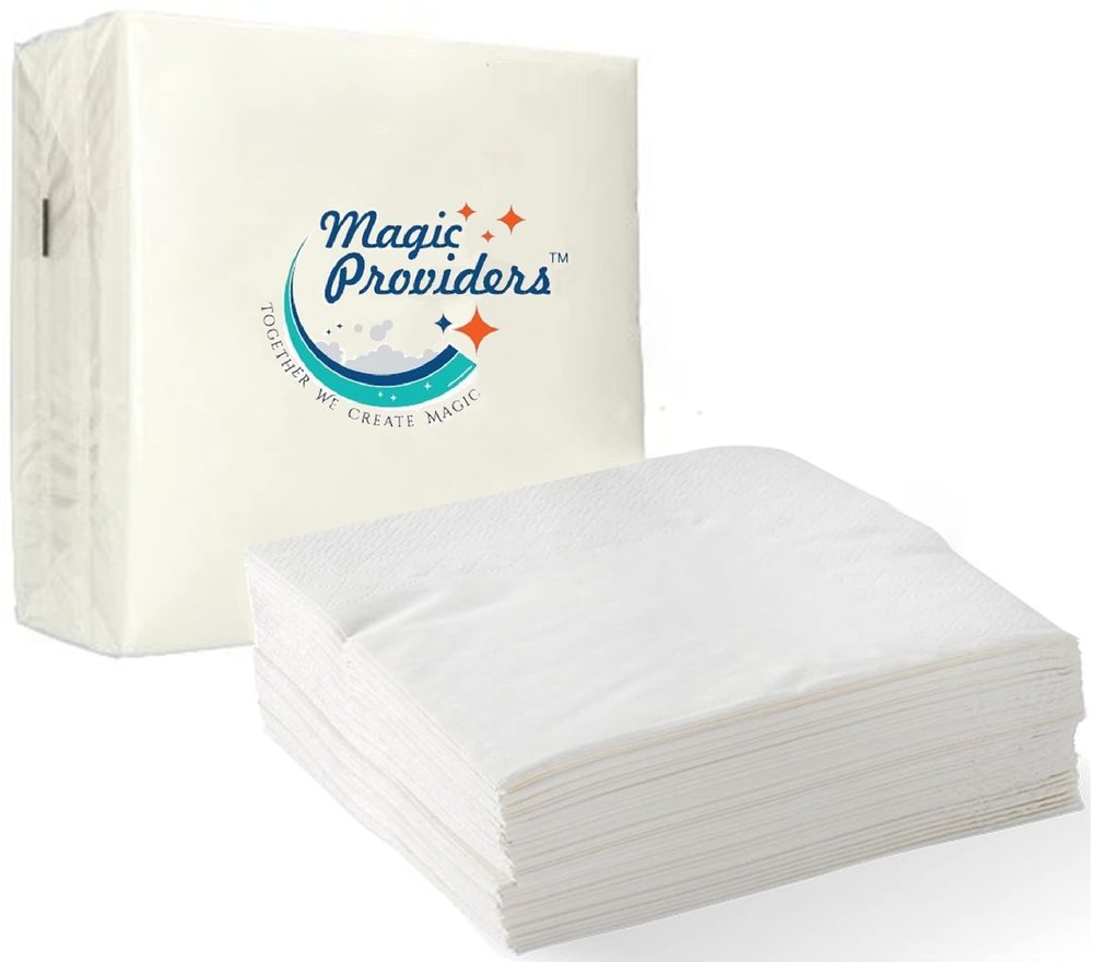 Magic Providers Soft Premium 2 Ply Tissue Paper Napkins Super Absorbent (33 * 33 cm) Pack of 1 Tissues (50 Napkins) | 2PLY Table Napkins | Anniversary Birthday Party | Event Essentials - White