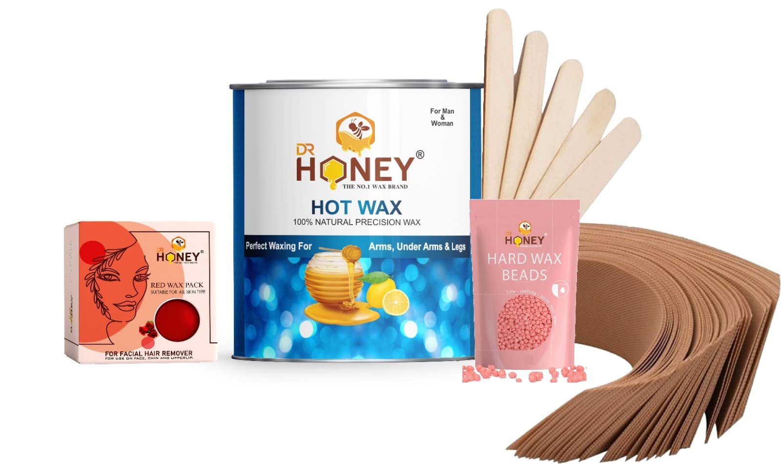DR HONEY hair removal hot wax 600 gram whit strip stick and beans wax pink color 100 gram katori wax 80 gram for face full body wax all skin type good for your skin new combo