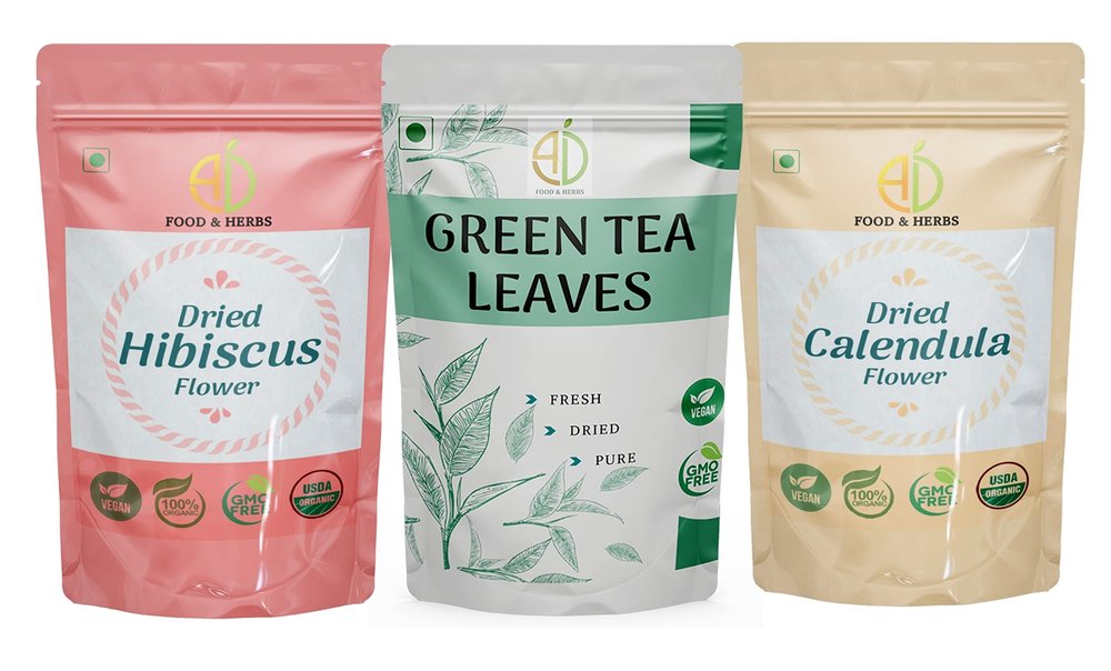 A D Food & Herbs Combo of Green Tea Leaves & Hibiscus/Calendula Dried Flowers - All Natural Flavour, Zero Calories (250 GMS x Pack of 3)