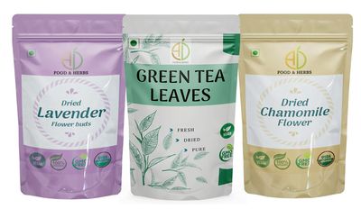 A D Food & Herbs Combo of Green Tea Leaves & Lavender/Chamomile Dried Flowers - All Natural Flavour, Zero Calories (100 GMS x Pack of 3)