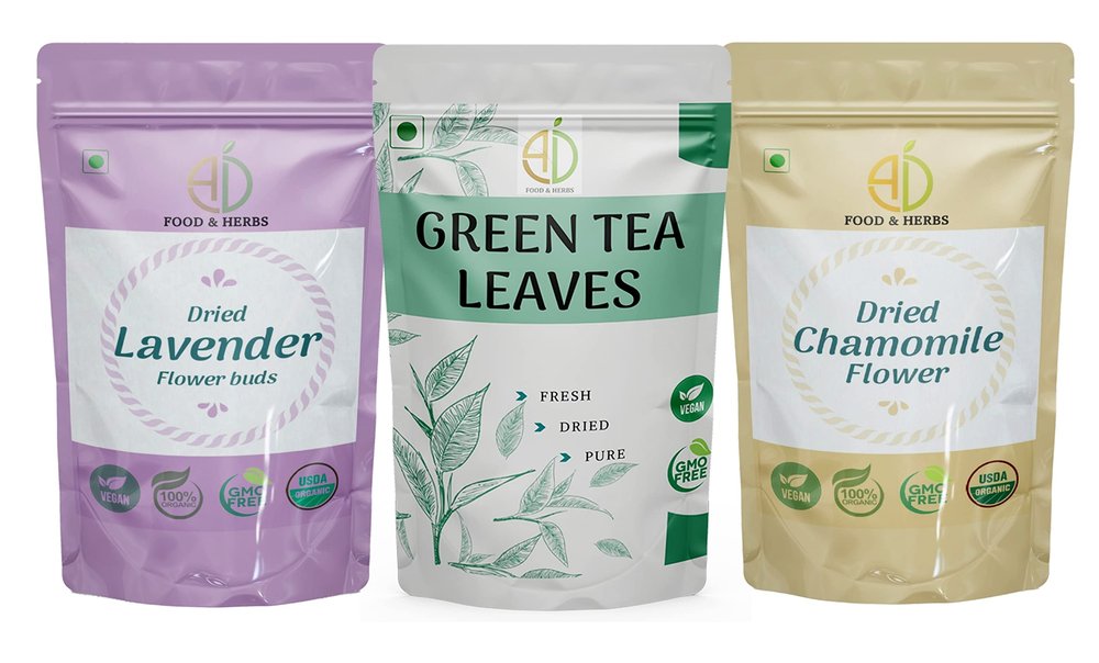 A D Food & Herbs Combo of Green Tea Leaves & Lavender/Chamomile Dried Flowers - All Natural Flavour, Zero Calories (100 GMS x Pack of 3)