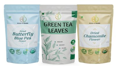 A D Food & Herbs Combo of Green Tea Leaves & Butterfly pea/Chamomile Dried Flowers - All Natural Flavour, Zero Calories (50 GMS x Pack of 3)
