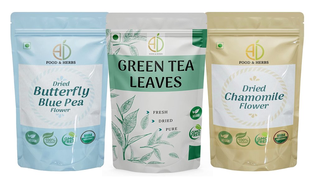 A D Food & Herbs Combo of Green Tea Leaves & Butterfly pea/Chamomile Dried Flowers - All Natural Flavour, Zero Calories (50 GMS x Pack of 3)