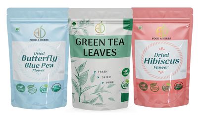 A D Food & Herbs Combo of Green Tea Leaves & Butterfly Pea/Hibiscus Dried Flowers - All Natural Flavour, Zero Calories (250 GMS x Pack of 3)