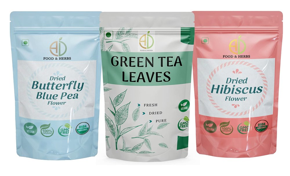 A D Food & Herbs Combo of Green Tea Leaves & Butterfly Pea/Hibiscus Dried Flowers - All Natural Flavour, Zero Calories (250 GMS x Pack of 3)