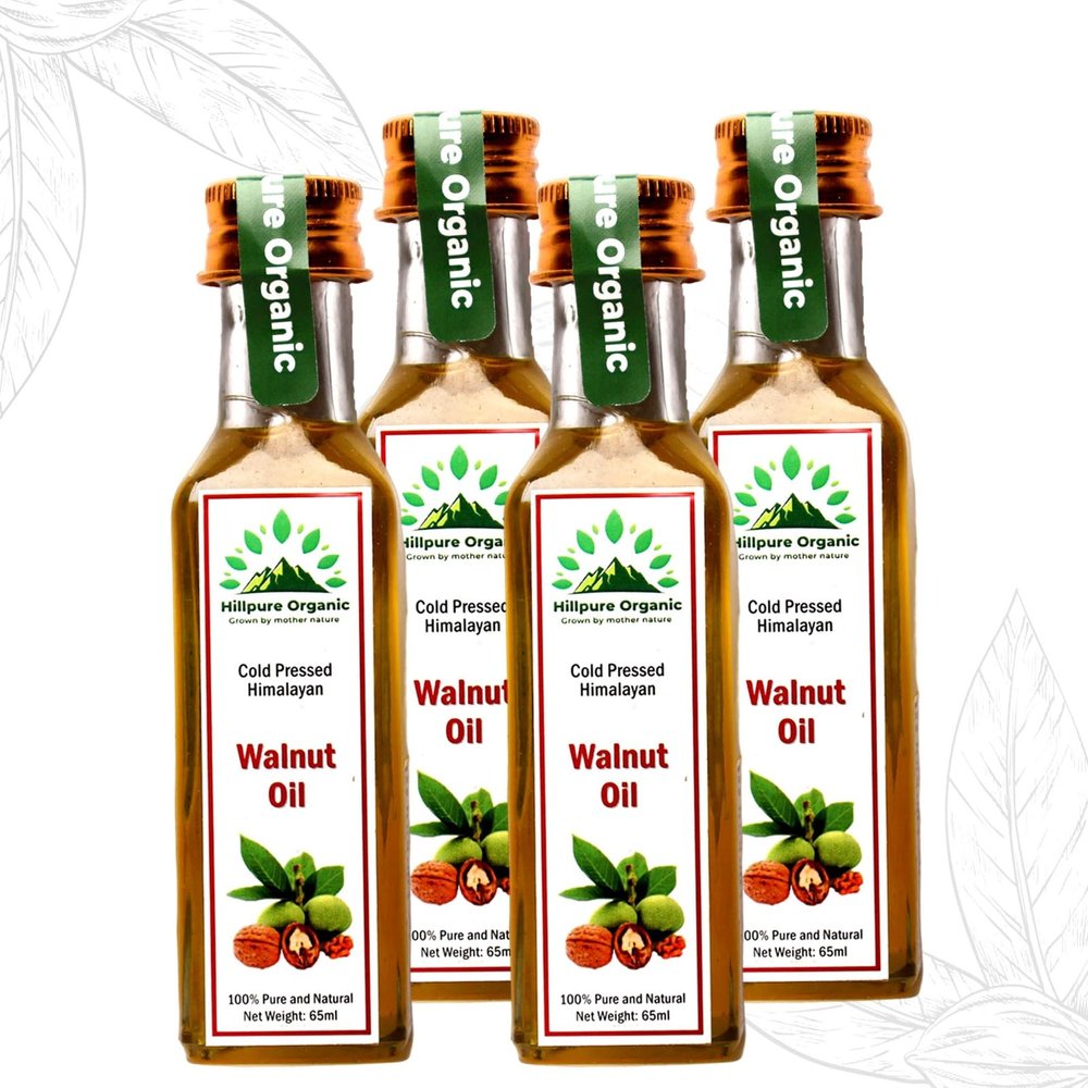 Hillpure Organic Grown by mother nature Hillpure Organic Cold Pressed Himalayan Walnut Oil|Extra Virgin Walnut Oil|Akhrot Tel|100% Pure&Natural Premium Edible Walnut Oil|65 Ml|Pack Of 4