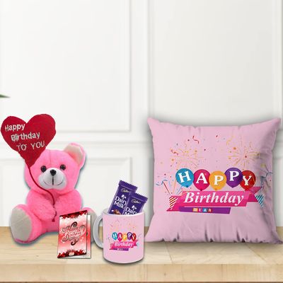 AWANI TRENDS Gift for Girlfriend | Teddy Bear with Printed Coffee Mug and Cushion | Happy Birthday Quoted Greeting Card | Combo Gifts for Sister on Birthday | Chocolate Gift Hamper (Pack Of 5)