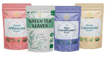 A D Food & Herbs Combo of Green Tea Leaves & Hibiscus/Blue Corn/Calendula Dried Flowers - All Natural Flavour, Zero Calories (100 GMS x Pack of 4)