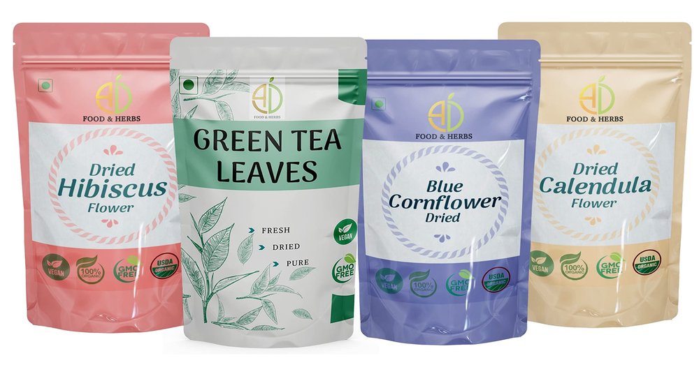 A D Food & Herbs Combo of Green Tea Leaves & Hibiscus/Blue Corn/Calendula Dried Flowers - All Natural Flavour, Zero Calories (100 GMS x Pack of 4)