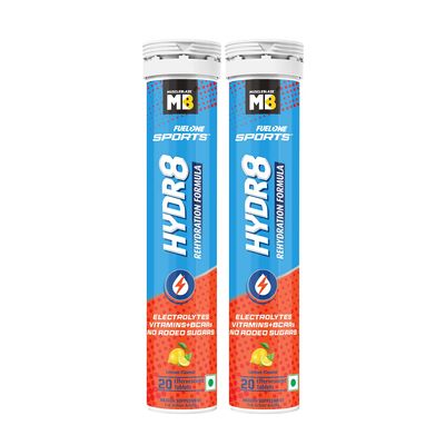 MuscleBlaze Fuel One Sports Hydr8 (Lemon,20 Effervescent Tablets Each,Pack Of 2)|Rehydration Formula With Electrolytes,Vitamins,Bcaas,2 Count,20 Capsules
