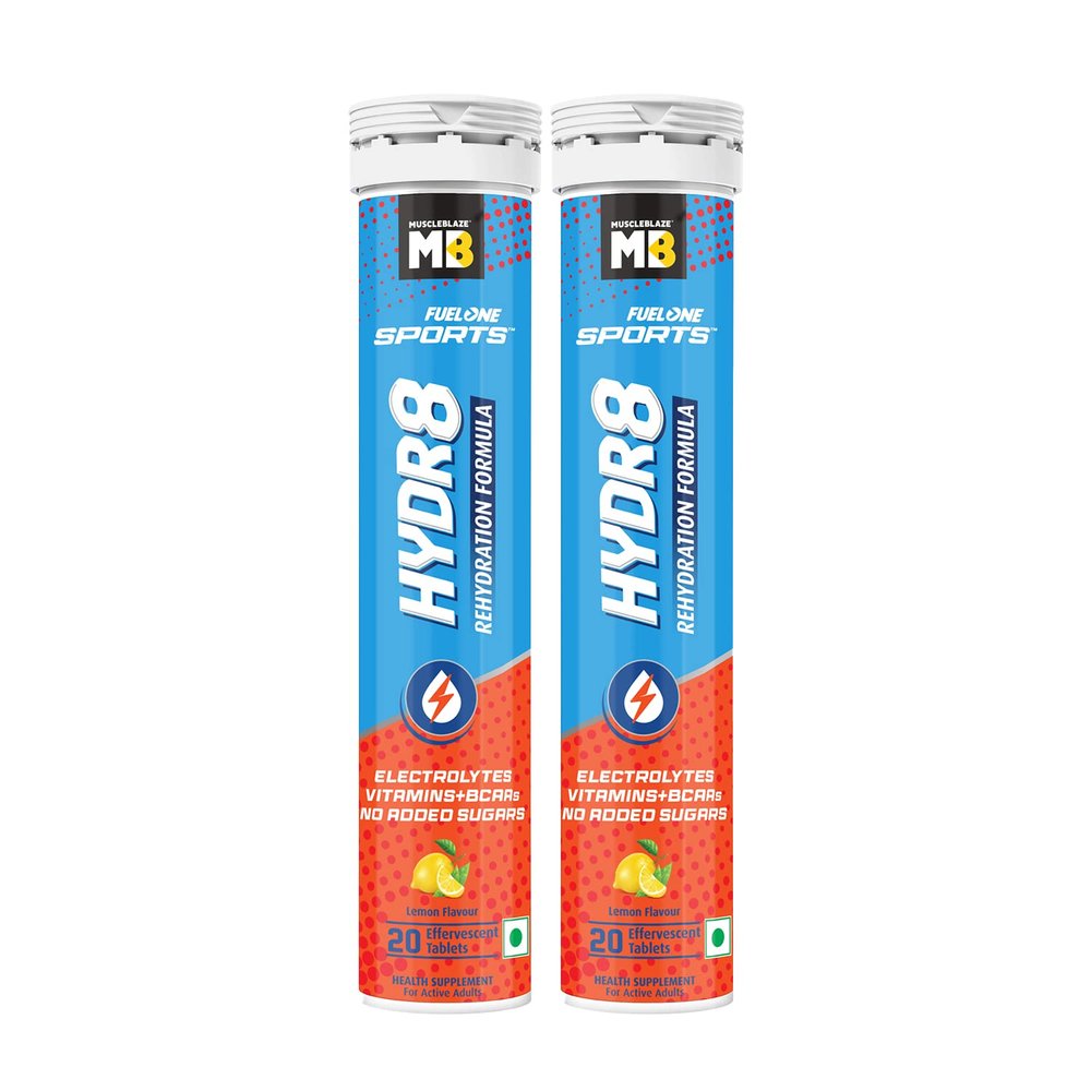 MuscleBlaze Fuel One Sports Hydr8 (Lemon,20 Effervescent Tablets Each,Pack Of 2)|Rehydration Formula With Electrolytes,Vitamins,Bcaas,2 Count,20 Capsules