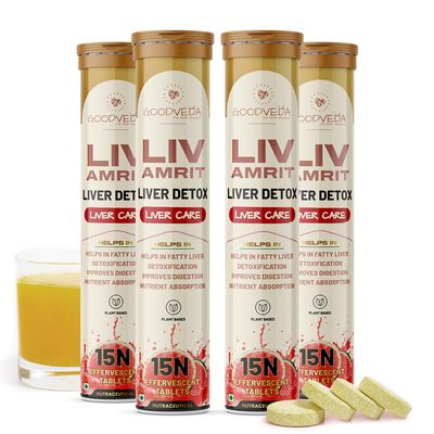 Goodveda Liver Detox Effervescent | 60 Tablets Fizzy Water with 8 Ayurvedic Herbs for Healthy Liver Function and Blood Sugar Regulation - Pack of 4