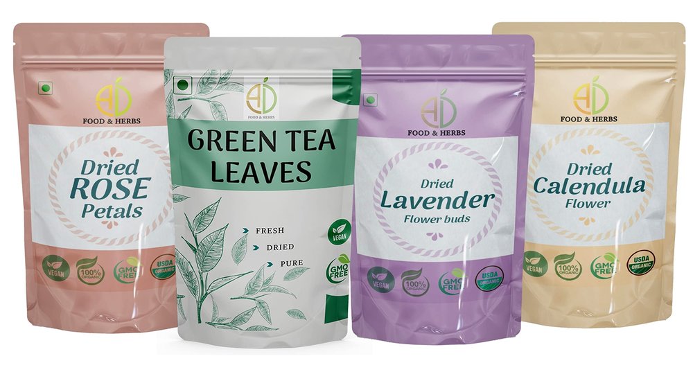 A D Food & Herbs Combo of Green Tea Leaves & Lavender/Rose/Calendula Dried Flowers - All Natural Flavour, Zero Calories (100 GMS x Pack of 4)