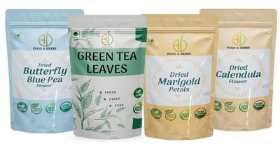 A D Food & Herbs Combo of Green Tea Leaves & Jasmine/Marigold/Calendula Dried Flowers - All Natural Flavour, Zero Calories (250 GMS x Pack of 4)