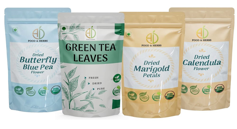 A D Food & Herbs Combo of Green Tea Leaves & Jasmine/Marigold/Calendula Dried Flowers - All Natural Flavour, Zero Calories (250 GMS x Pack of 4)