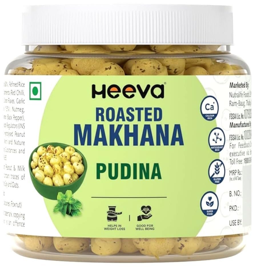 Heeva Roasted Makhana | Foxnut | Pudina Flavour 100g (Pack of 1) | Gluten Free | Roasted - Not Fried | No Cholesterol | Healthy Super Food | Calcium Rich | Phool Makhana