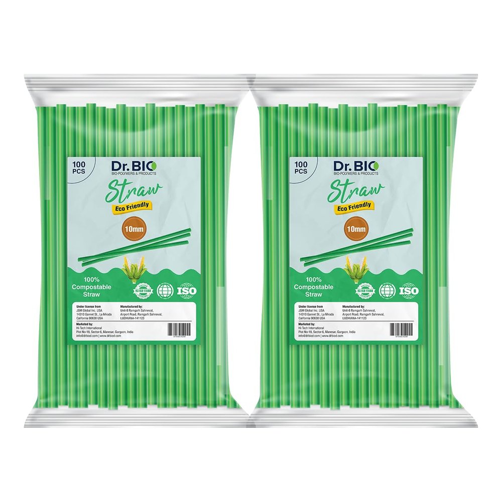 Dr. Bio Biodegradable Compostable Straw 200pieces Eco Friendly, Thick Quality, Made of Corn Starch | 1 cm x 21 cm | 10MM (Pack of 2)
